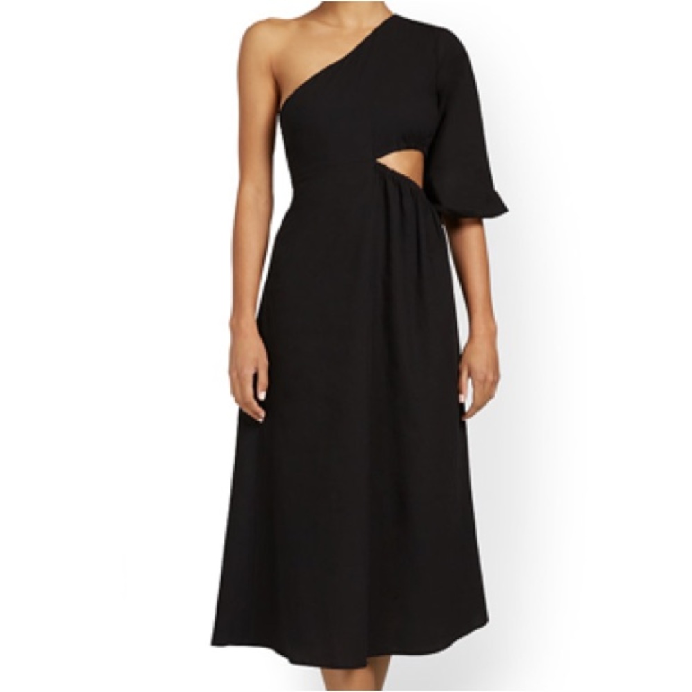 Crescent ONE-SHOULDER CUT-OUT MIDI DRESS IN BLACK